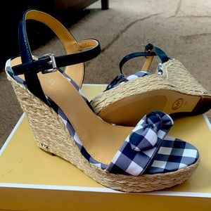 Micheal Kors navy gingham wedge sandal w/cork heel